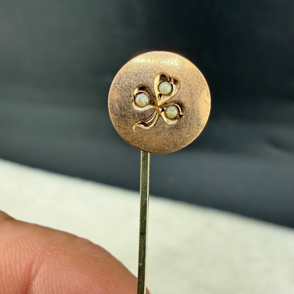 Vintage Gold Filled Stick Pin Seed Pearl Clover